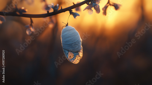 Photograph of a butterfly emerging from its cocoon on a delicate branch at sunrise, symbolizing transformation and new beginnings