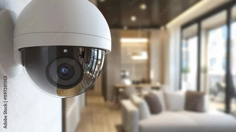modern camera on the wall in modern living room at home, security concept
