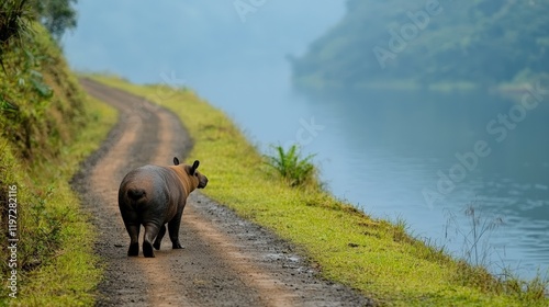 Wildlife rhinos walking along the riverbank ecosystem exploration nature scene tranquil environment photo