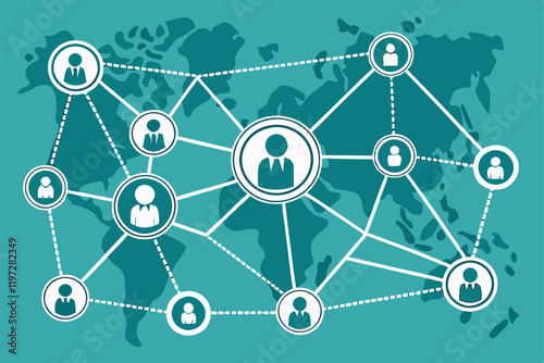 Global network, interconnected people icons, world map background, teal color scheme, hexagonal pattern, diverse avatars, social connectivity visualization, business networking concept, digital commun
