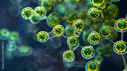 Close-up view of vibrant green microalgae cells in detail.