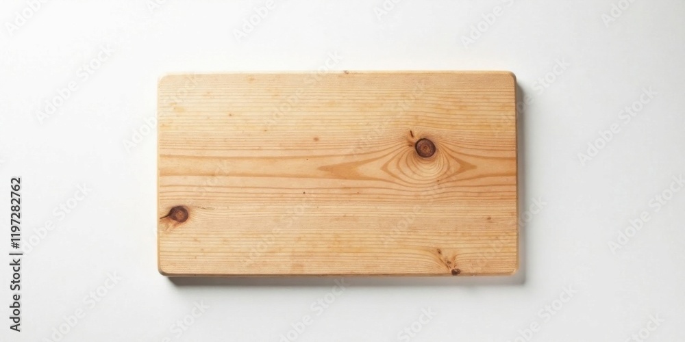 Obraz premium A simple, light-colored wood board rests on a white surface, showcasing its natural grain and texture.