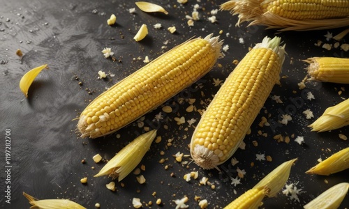 A fallen corn on the cob with kernels falling away from it like snowflakes , vegetable, fresh produce photo