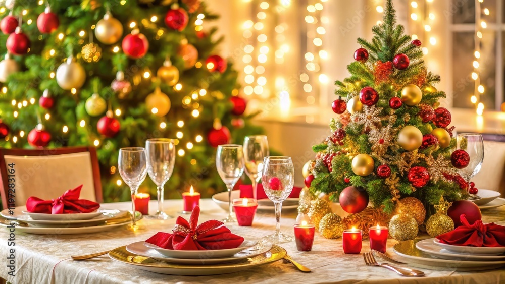 A festive holiday table setting with a Christmas tree centerpiece and decorations, evergreen branches, matching china A festive holiday table setting with a Christmas tree centerpiece and decorations, evergreen branches, matching china