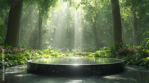 Rock podium in forest clearing with sunlight streaming through trees, for showcasing products or presentations