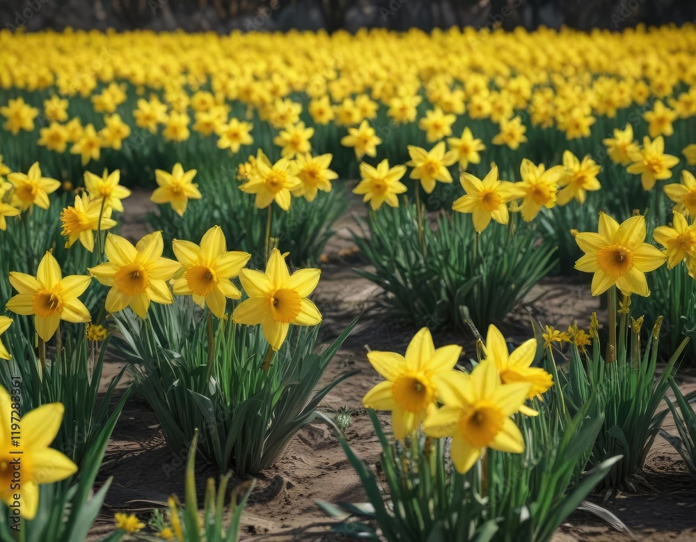 Fototapeta premium A field of bright yellow daffodils swaying gently in the breeze, green grass, yellow flowers,
