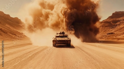 Desert Tank Assault: A Military Vehicle Moving Through a Dusty Landscape photo