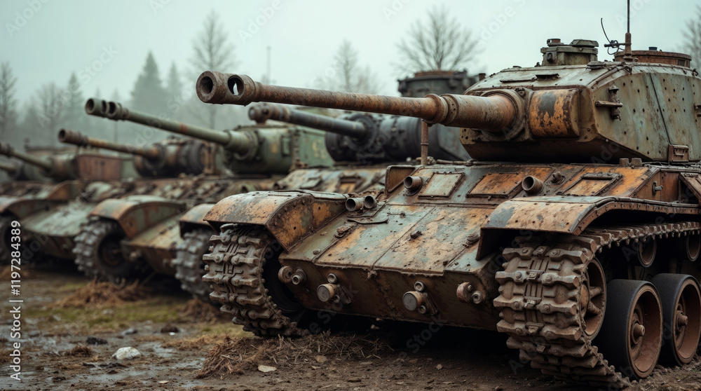 Rusty abandoned tanks in a row Rusty abandoned tanks in a row