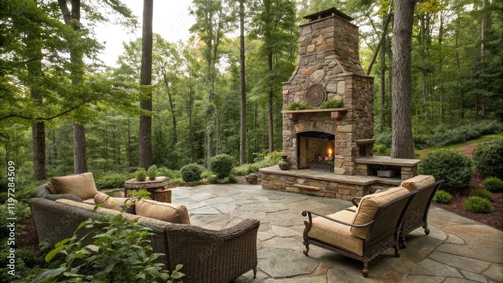 A forest clearing with a large stone fireplace surrounded by comfortable seating and lush greenery, outdoor living, rustic charm, natural ambiance, natural beauty, comfort zone