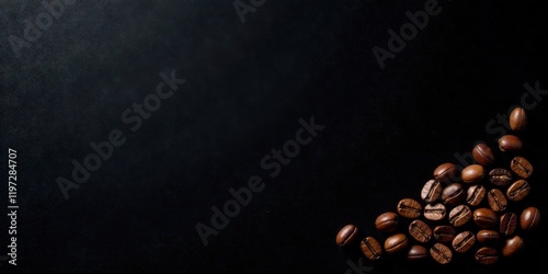 Dark Roasted Coffee Beans Scattered on Black Background, Perfect for Menu Design or Advertisement