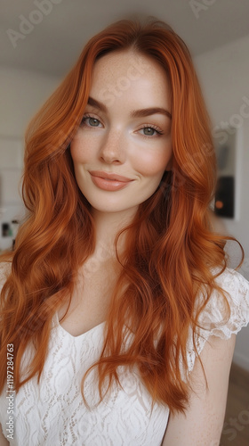 Happy Ginger Influencer Filming Skincare Tutorial at Home photo