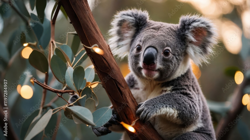 Fototapeta premium A koala perched on a tree branch surrounded by soft lights.