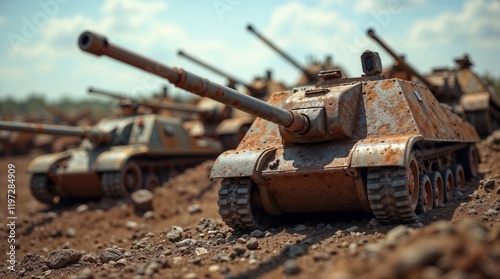 Rusted tanks abandoned in a military junkyard