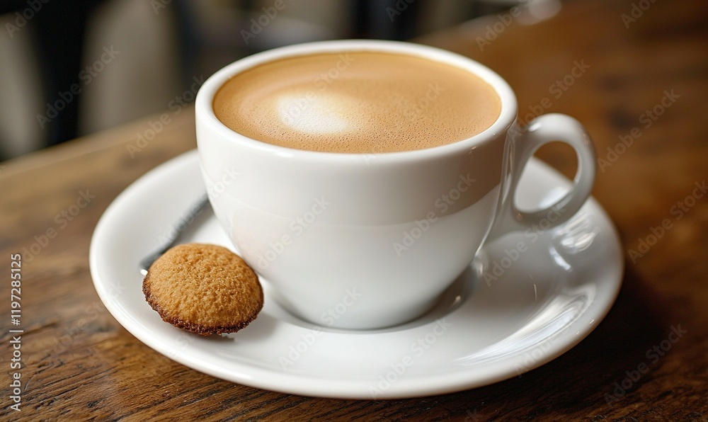 Cappuccino with cookie on rustic cafe table Cappuccino with cookie on rustic cafe table