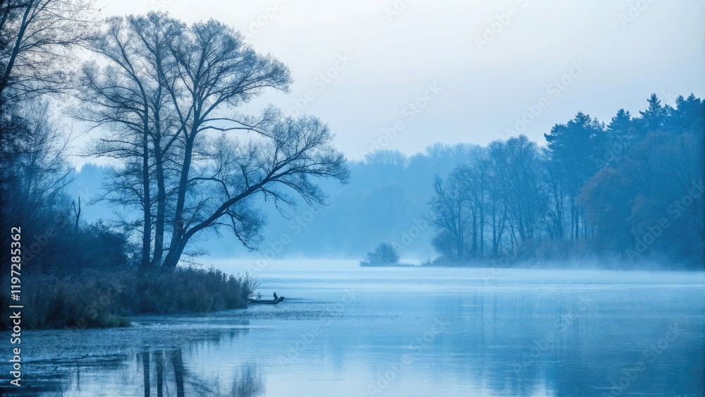 Fototapeta premium - Soft focus landscape with blue misty atmosphere, horizon, depth
