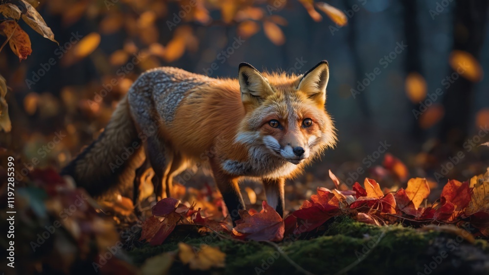 Fototapeta premium A fox stands amidst autumn leaves in a serene forest setting.