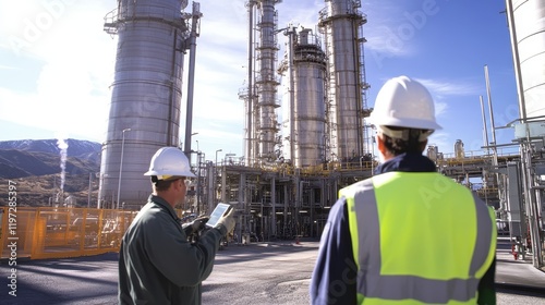 Obraz na płótnie Engineers conduct performance tests on an industrial boiler at a petrochemical facility, ensuring safe and efficient operation. w salonie