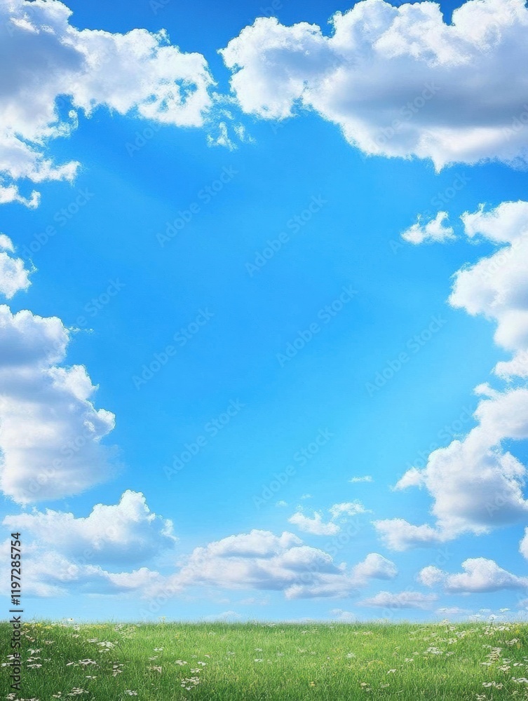 Clear sky with fluffy clouds above a green meadow creates space for creative text and design elements. Generative AI Clear sky with fluffy clouds above a green meadow creates space for creative text and design elements. Generative AI