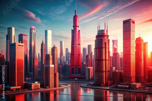 A futuristic cityscape with a red-colored skyscraper dominating the skyline, downtown area, red skyscraper, cityscape photo