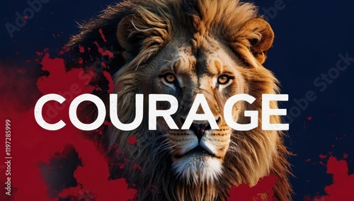 COURAGE text title in center and lion brave fearless courageous daring strong in red white navy colors