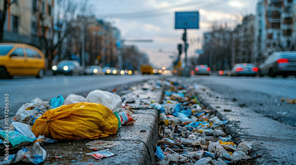 Urban Intersection Scene with Garbage Scattered along the Sidewalk at Dusk Urban Intersection Scene with Garbage Scattered along the Sidewalk at Dusk