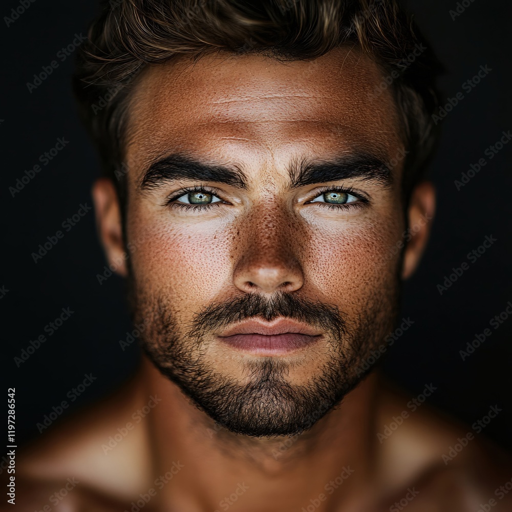 Fototapeta premium Intense Gaze of a Man with Green Eyes Sun Kissed Skin and Short Brown Hair