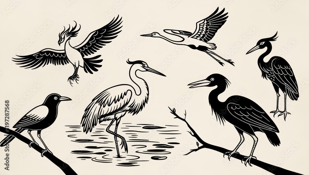 Naklejka premium Elegant Black and White Bird Illustration Heron Crane and Crow in Nature Scene