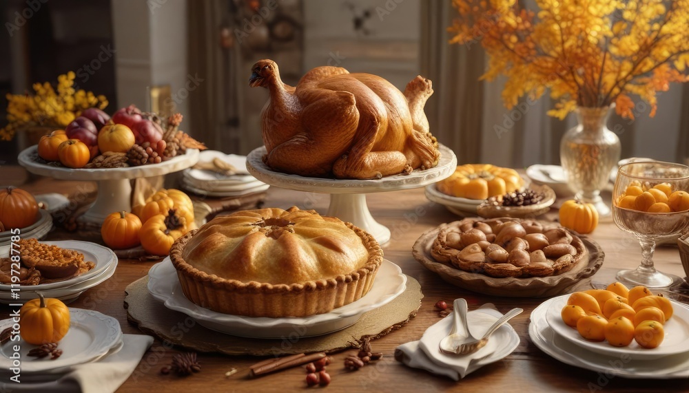 A beautifully styled Thanksgiving dessert table with a golden brown turkey-shaped pie as the centerpiece, holiday, autumn A beautifully styled Thanksgiving dessert table with a golden brown turkey-shaped pie as the centerpiece, holiday, autumn