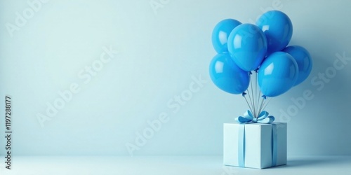 A Light Blue Gift Box with a Sky Blue Ribbon and Balloons Floating Above
