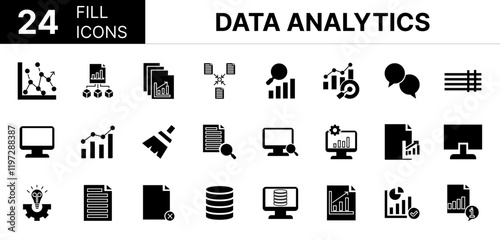 Collection of 24 Data analytics fill icons featuring editable strokes. These outline icons depict various modes of Data analytics, Accurate business chart classification, cleaning, 