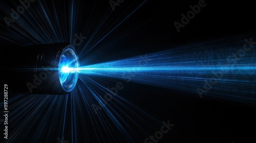 Reflective blue laser light on a black background.