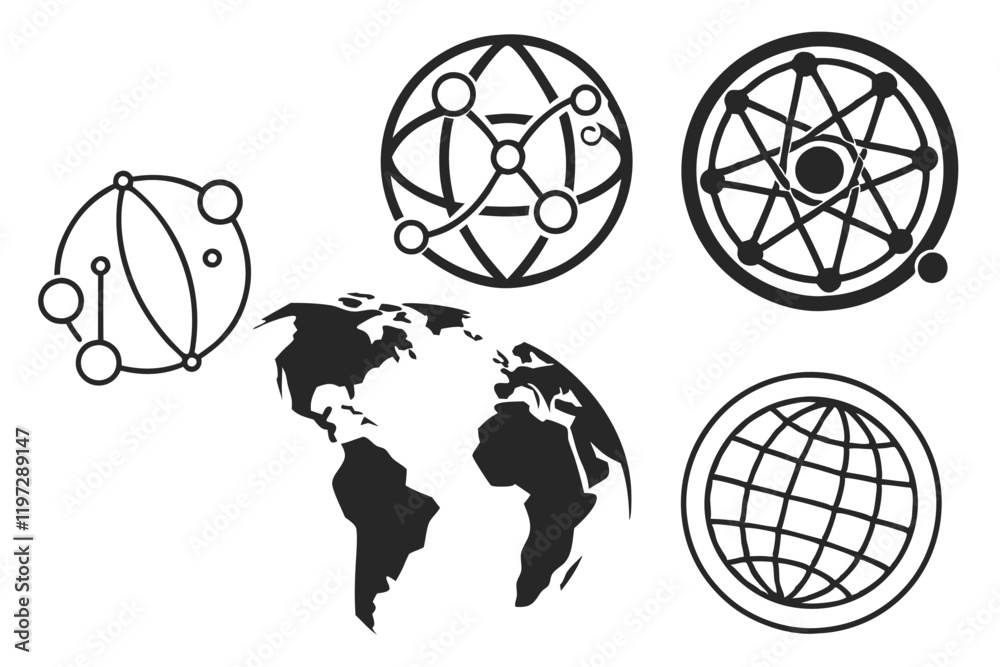 Fototapeta premium globe icons, world symbols, circular designs, black and white, minimalist, geometric shapes, international symbols, network icons, web graphics, simple logo designs, global connectivity, r art, clean