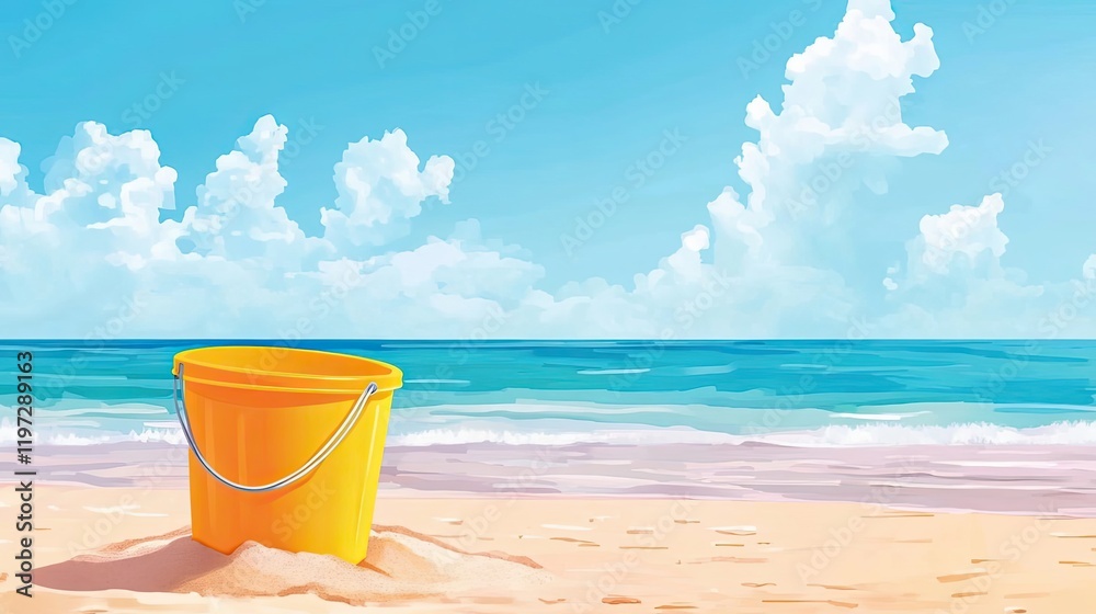 Yellow Bucket Sits On Sandy Beach Under Blue Sky Yellow Bucket Sits On Sandy Beach Under Blue Sky