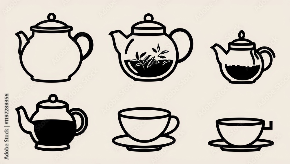 Tea Time Icons Teapots and Teacups Simple Line Art Graphics Beverage Illustration Tea Time Icons Teapots and Teacups Simple Line Art Graphics Beverage Illustration