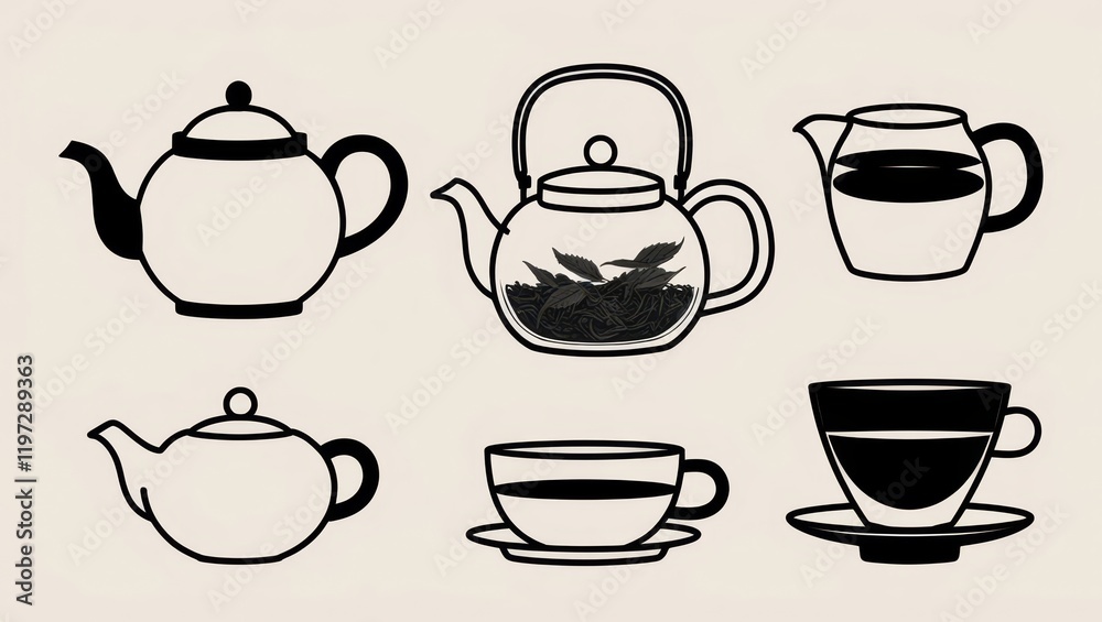 Tea Time Collection Teapots Teacups and Tea Pitcher Line Art Illustrations Tea Time Collection Teapots Teacups and Tea Pitcher Line Art Illustrations