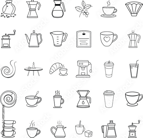 Coffee Brewing Methods, Tools, and Enjoyment Icon Set