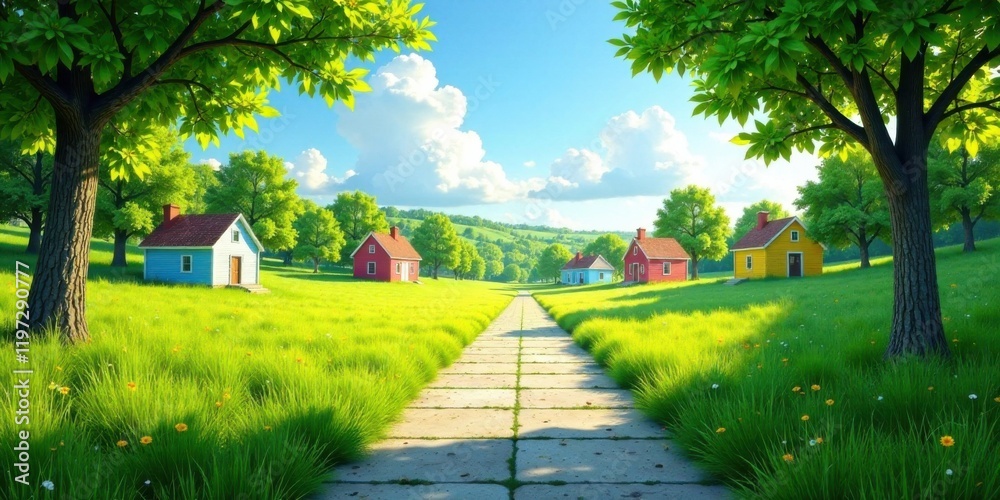 Fototapeta premium Idyllic Village Pathway Charming Houses Amidst Lush Green Meadows and Sunny Skies