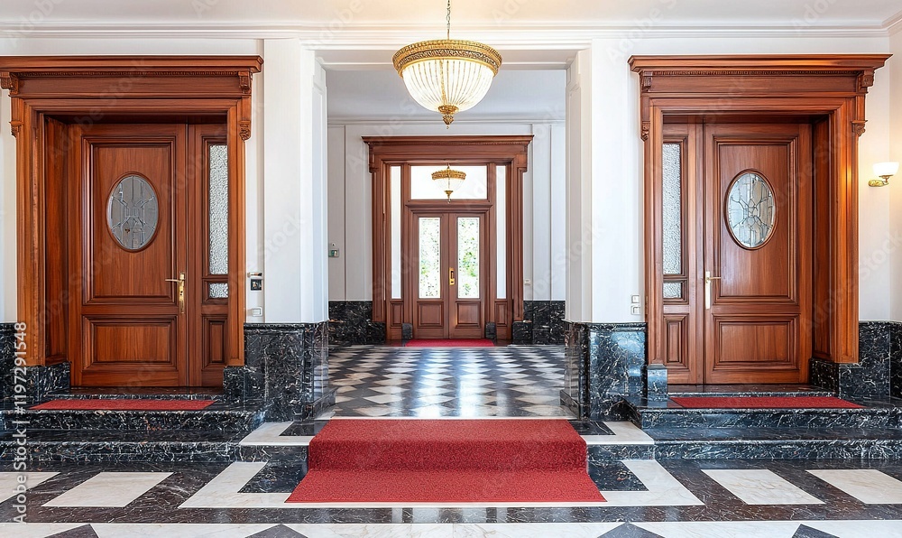 Fototapeta premium Grand entrance hall with red carpet, wooden doors, marble floor, and chandelier