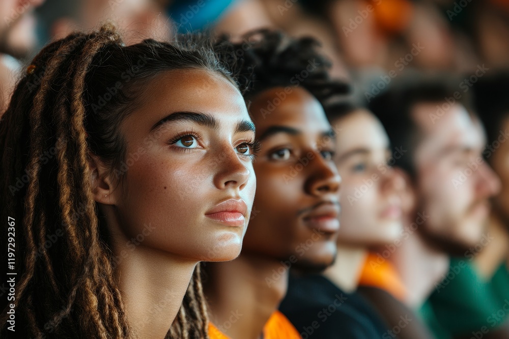 Multiracial group of spectators watching sports match on stadium. Generative AI Multiracial group of spectators watching sports match on stadium. Generative AI