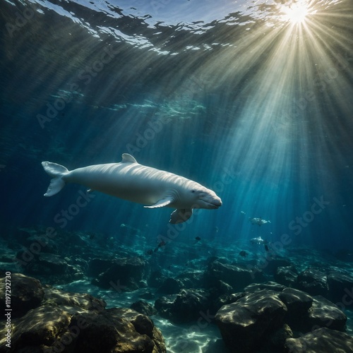 A Beluga whale swimming through a vivid underwater canyon, illuminated by soft beams of sunlight.