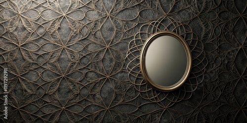 A dark-colored wall covered in an intricate network of fine lines and ridges that resemble the surface of a mirror, wall art, surrealistic photo