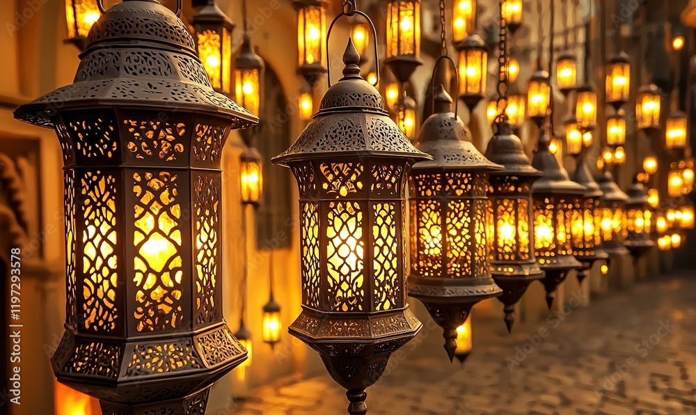 Obraz premium Ornate lanterns glow at dusk, creating a magical market atmosphere