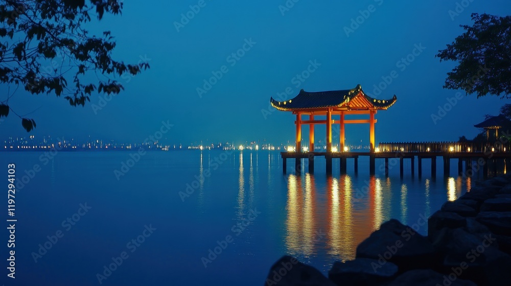 Serene Night at the Lake Pavilion: A Breathtaking Asian Landscape Serene Night at the Lake Pavilion: A Breathtaking Asian Landscape