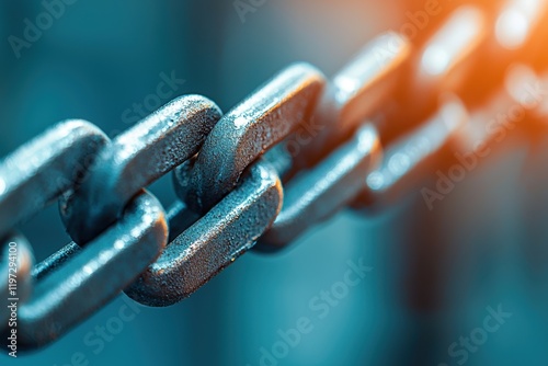 Close-Up View of Metallic Chain Links with Blue Background photo