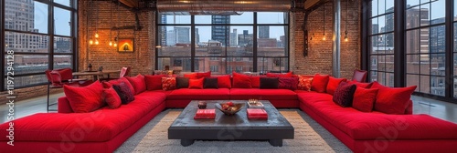 Red sectional sofa in a modern loft apartment with city views. photo