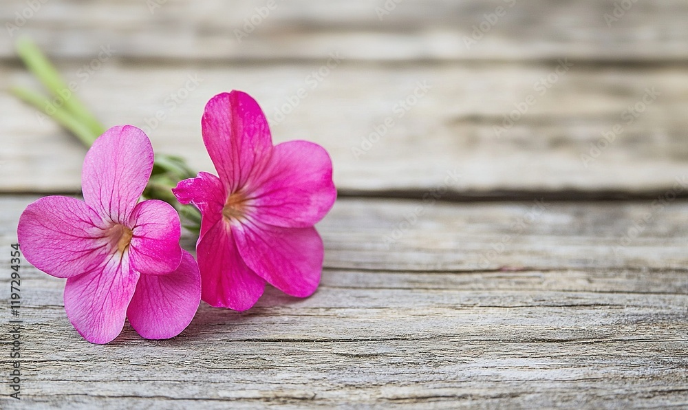 Pink flowers on rustic wood background, spring floral theme for greeting card or decoration