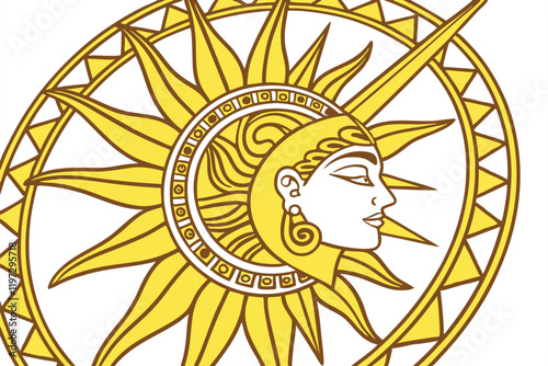 Golden sun emblem, stylized face, radiant rays, symmetrical design, heraldic symbol, celestial motif, ancient Inca inspiration, vibrant yellow, ornate detailing, circular shape, mythological imagery, 