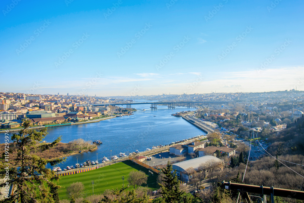 under the deep blue sky Landscape view from the top of the pierre loti hill golden horn, halic and cityscape in istanbul, constantinople under the deep blue sky Landscape view from the top of the pierre loti hill golden horn, halic and cityscape in istanbul, constantinople