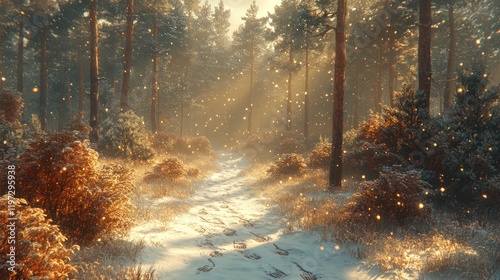 Sunlit snowy path through winter forest.