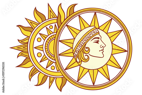 Golden sun emblem, stylized face, radiant rays, symmetrical design, heraldic symbol, celestial motif, ancient Inca inspiration, vibrant yellow, ornate detailing, circular shape, mythological imagery, 